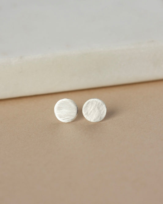 Minimalist Brushed Sterling Silver Circle Stud Earrings