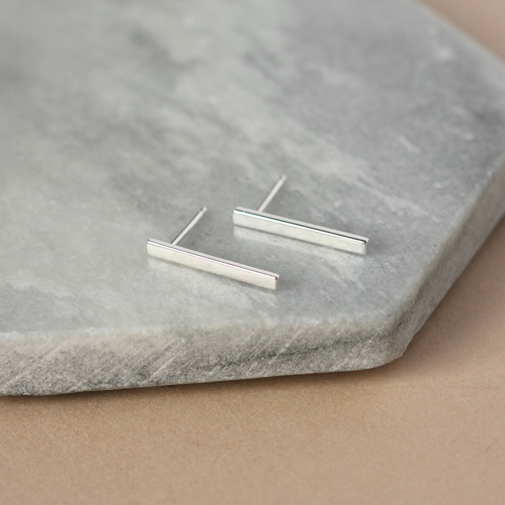 Shiny Sterling Silver Long Bar Stud Earrings