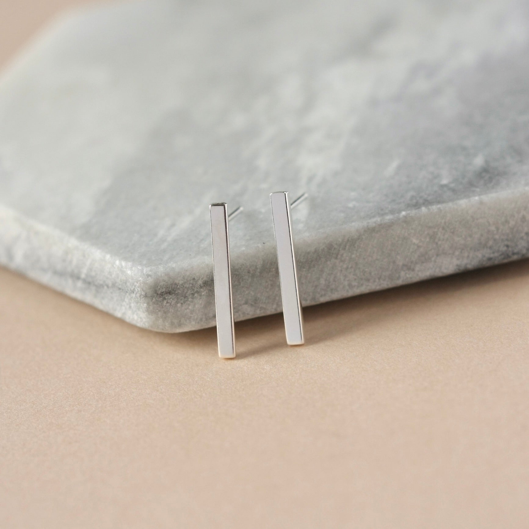 Shiny Sterling Silver Long Bar Stud Earrings