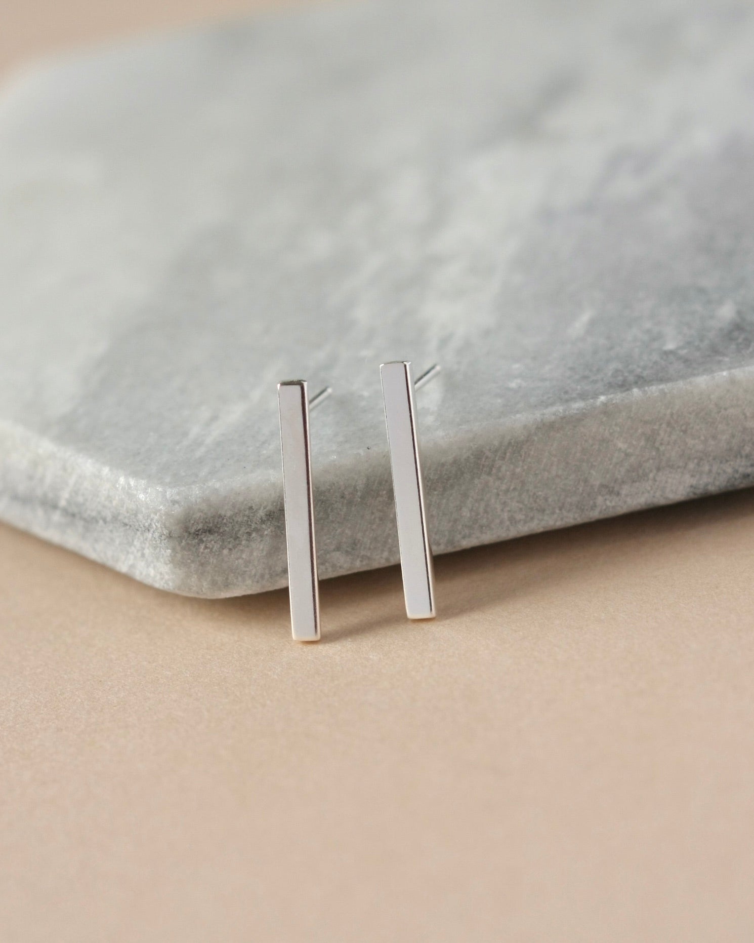 Shiny Sterling Silver Long Bar Stud Earrings