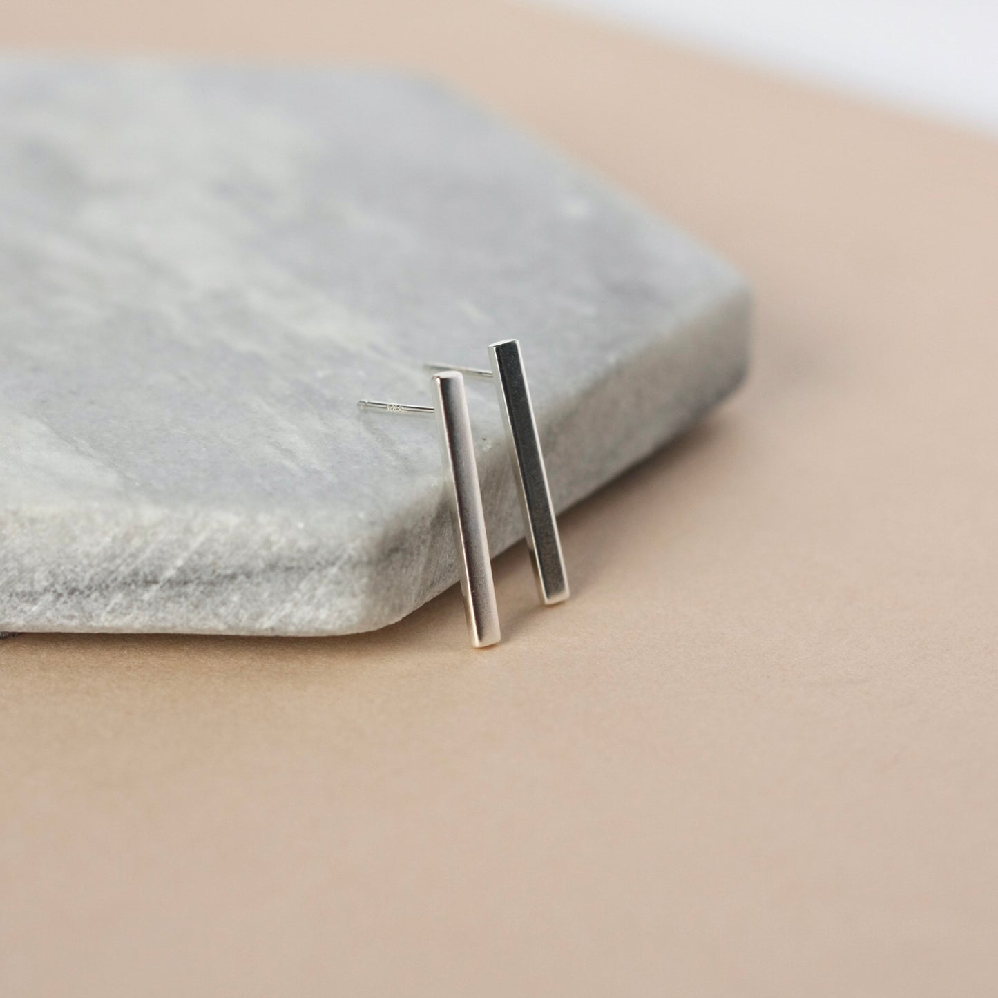 Shiny Sterling Silver Long Bar Stud Earrings