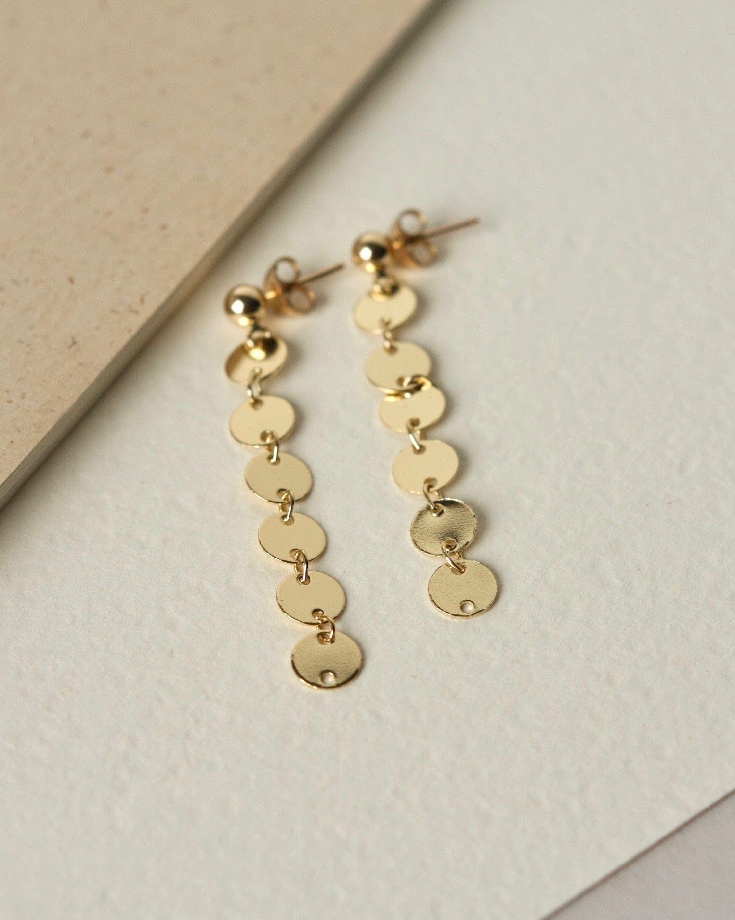 Long Shiny Gold Disc Earrings
