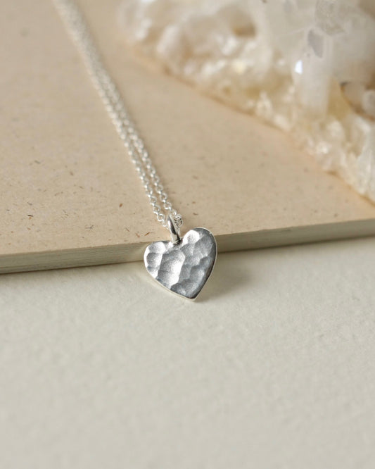 Minimalist Sterling Silver Hammered Heart Charm Necklace
