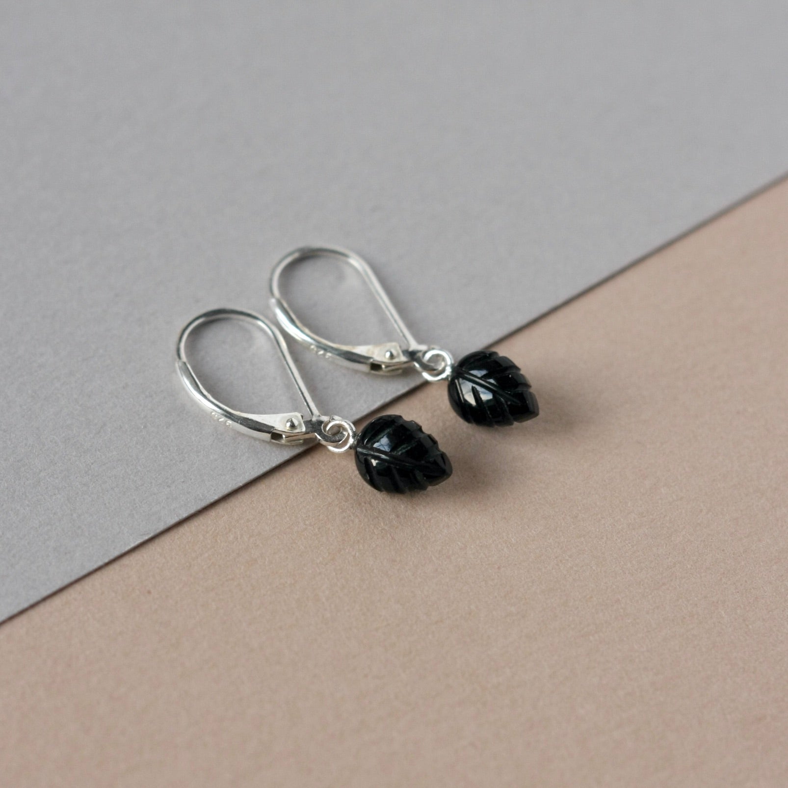 Dainty Black Onyx Leaf Dangle Earrings