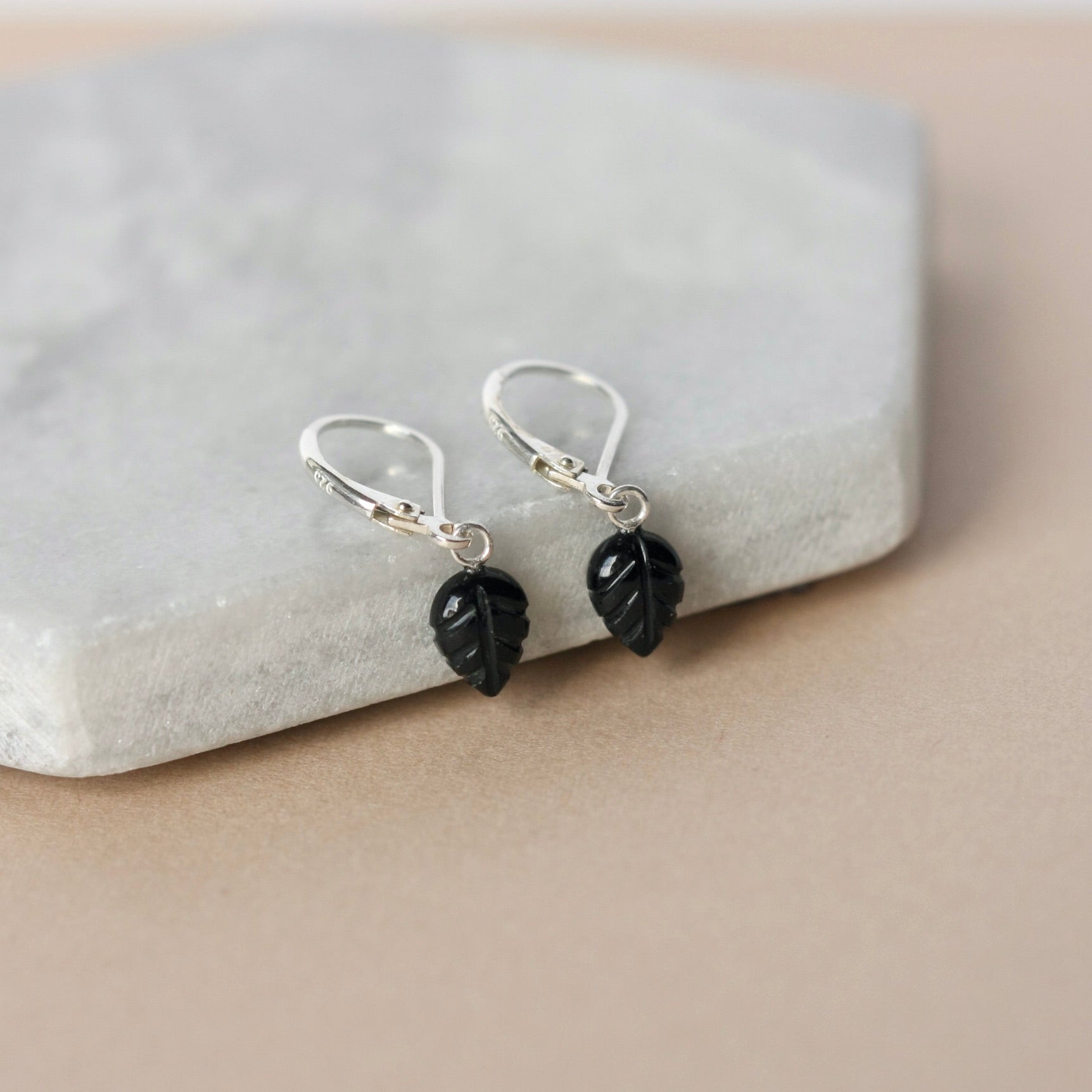 Dainty Black Onyx Leaf Dangle Earrings