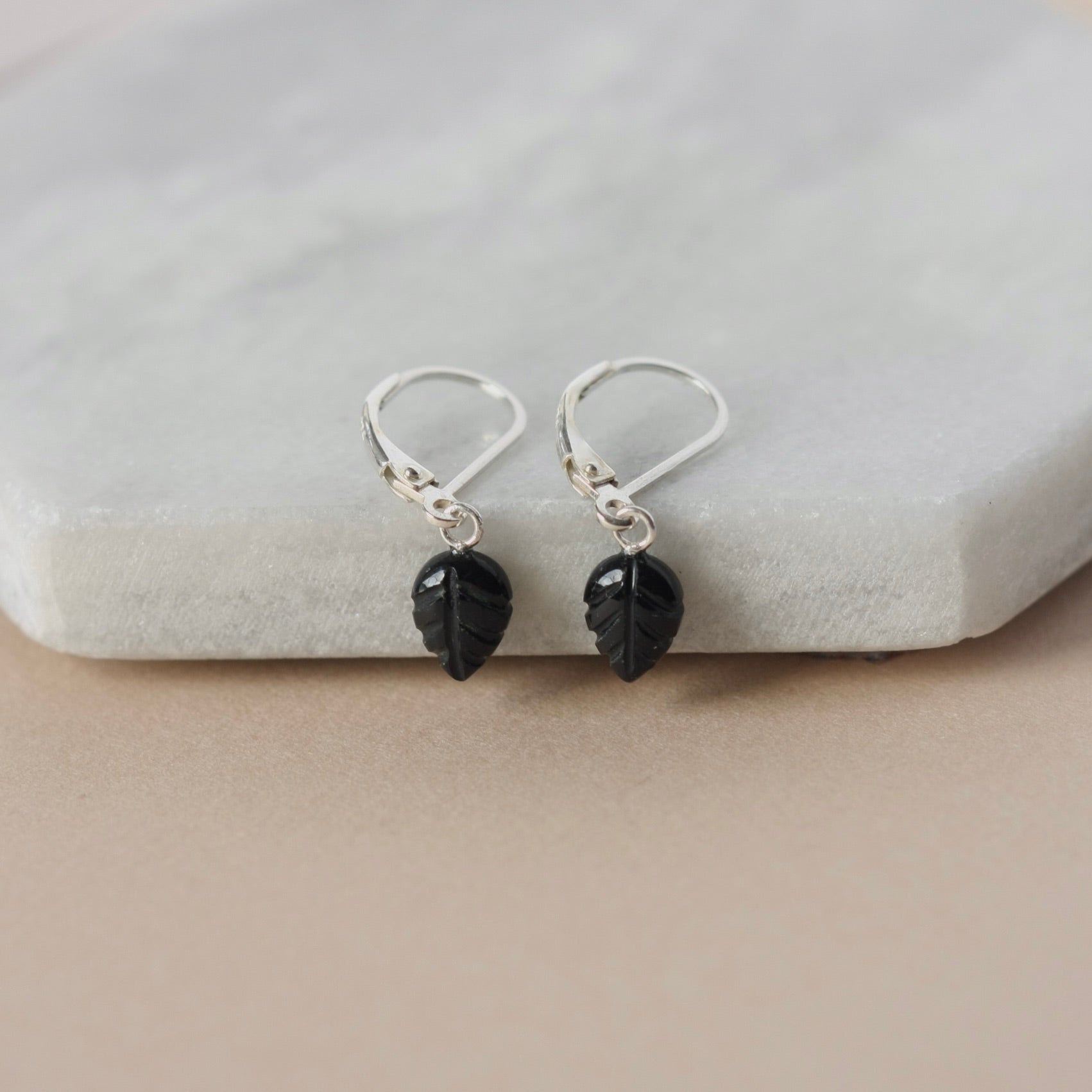 Dainty Black Onyx Leaf Dangle Earrings