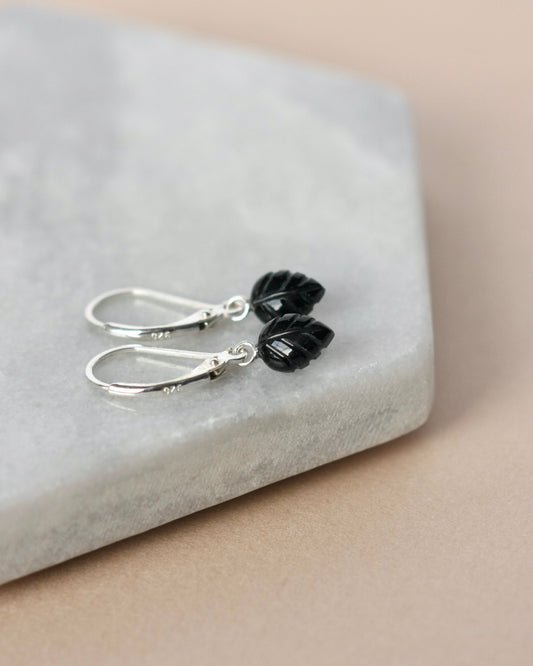 Dainty Sterling Silver Black Onyx Leaf Earrings