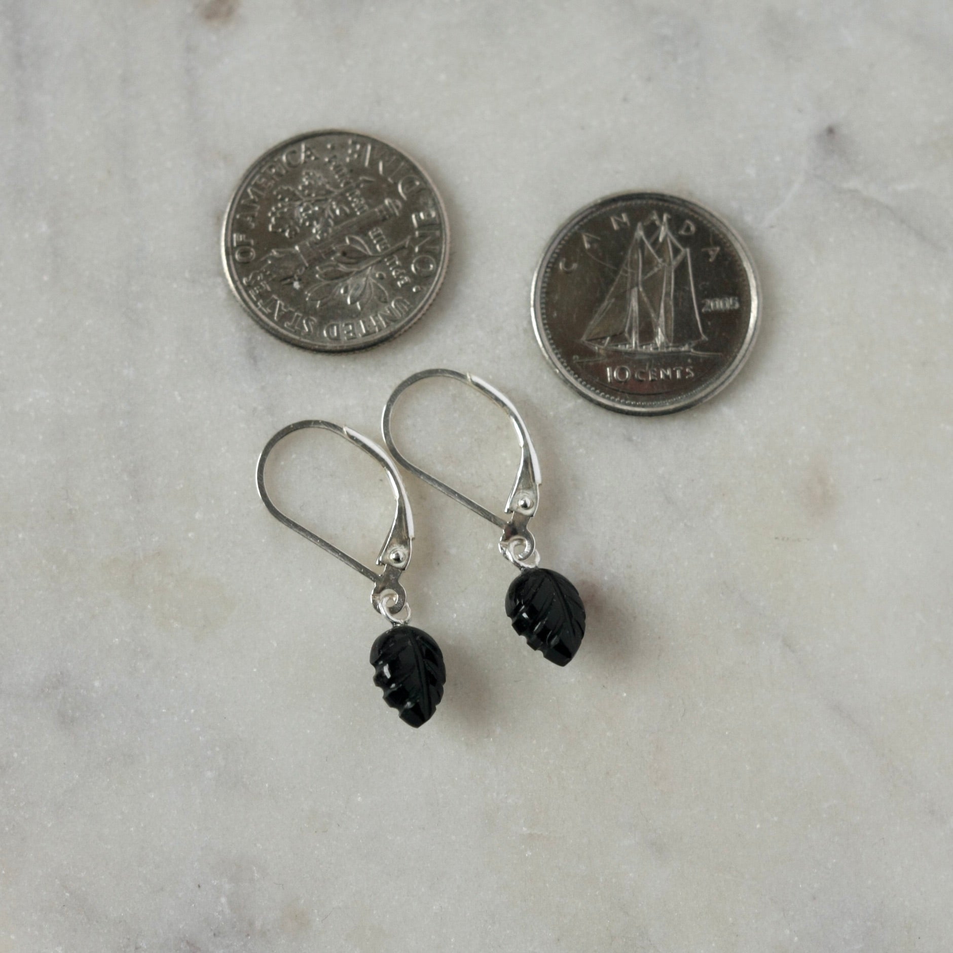 Dainty Black Onyx Leaf Dangle Earrings