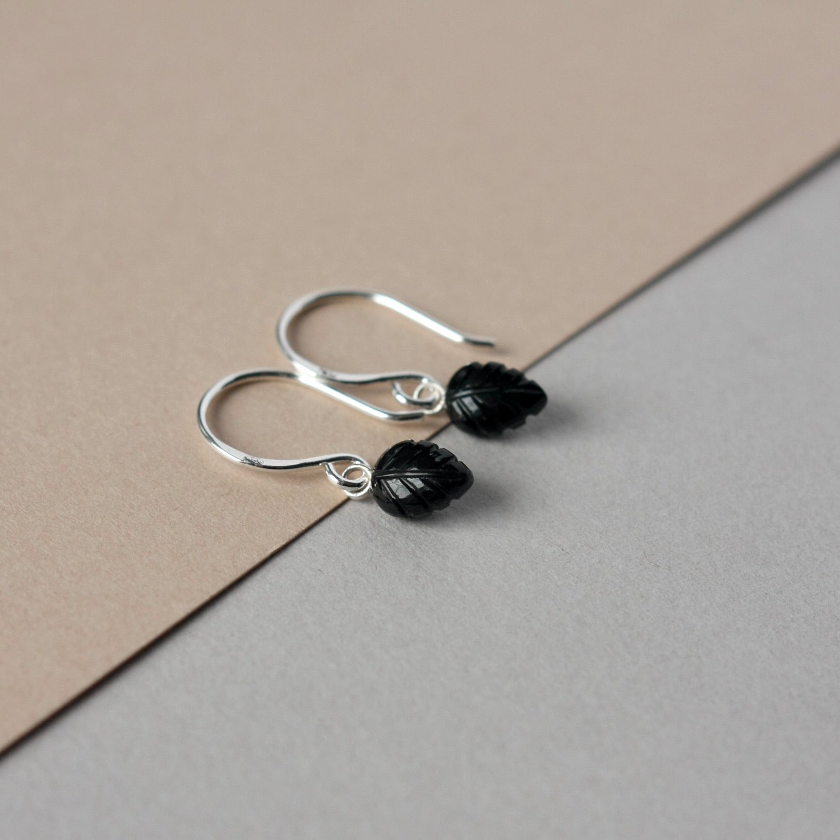 Dainty Black Onyx Leaf Dangle Earrings