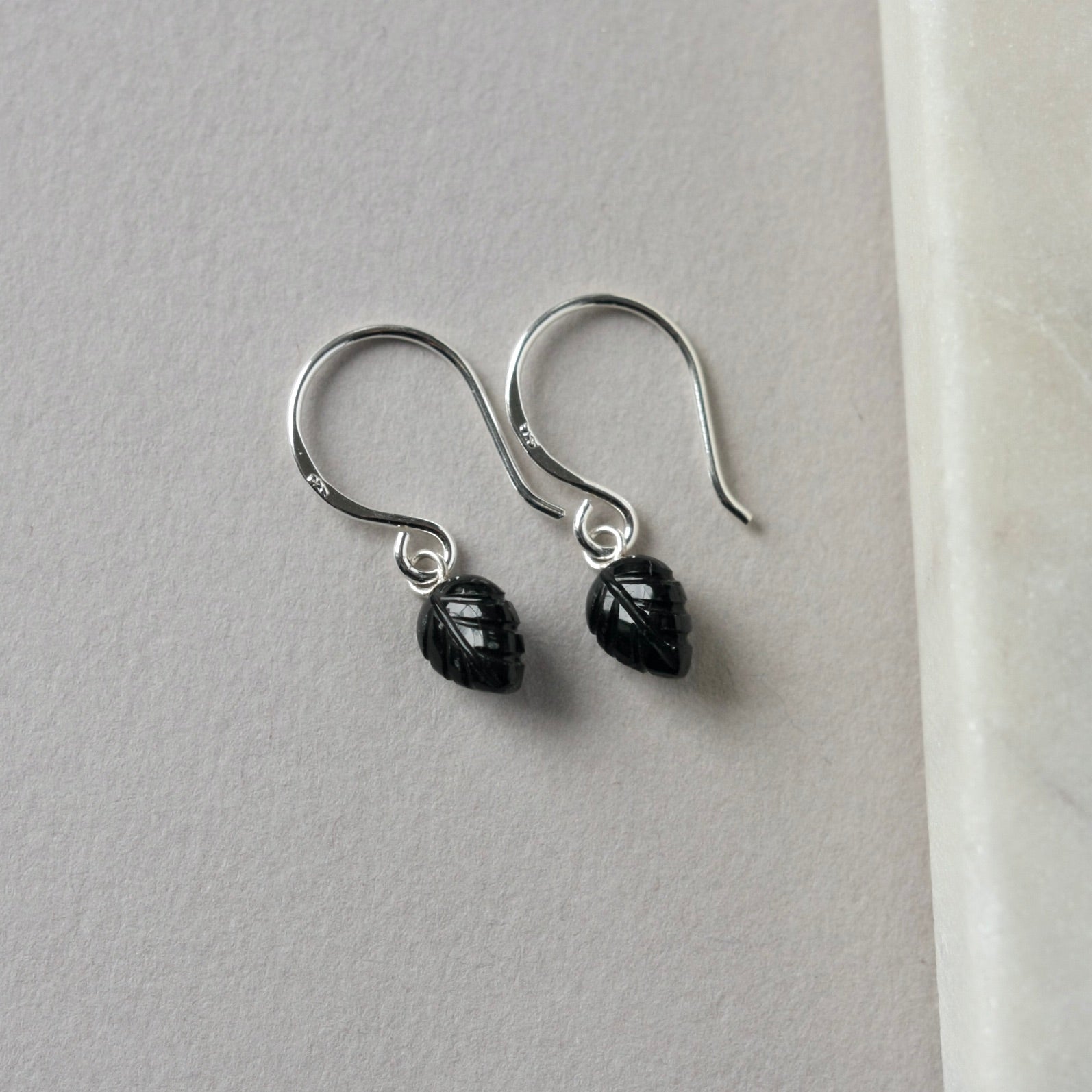 Dainty Black Onyx Leaf Dangle Earrings