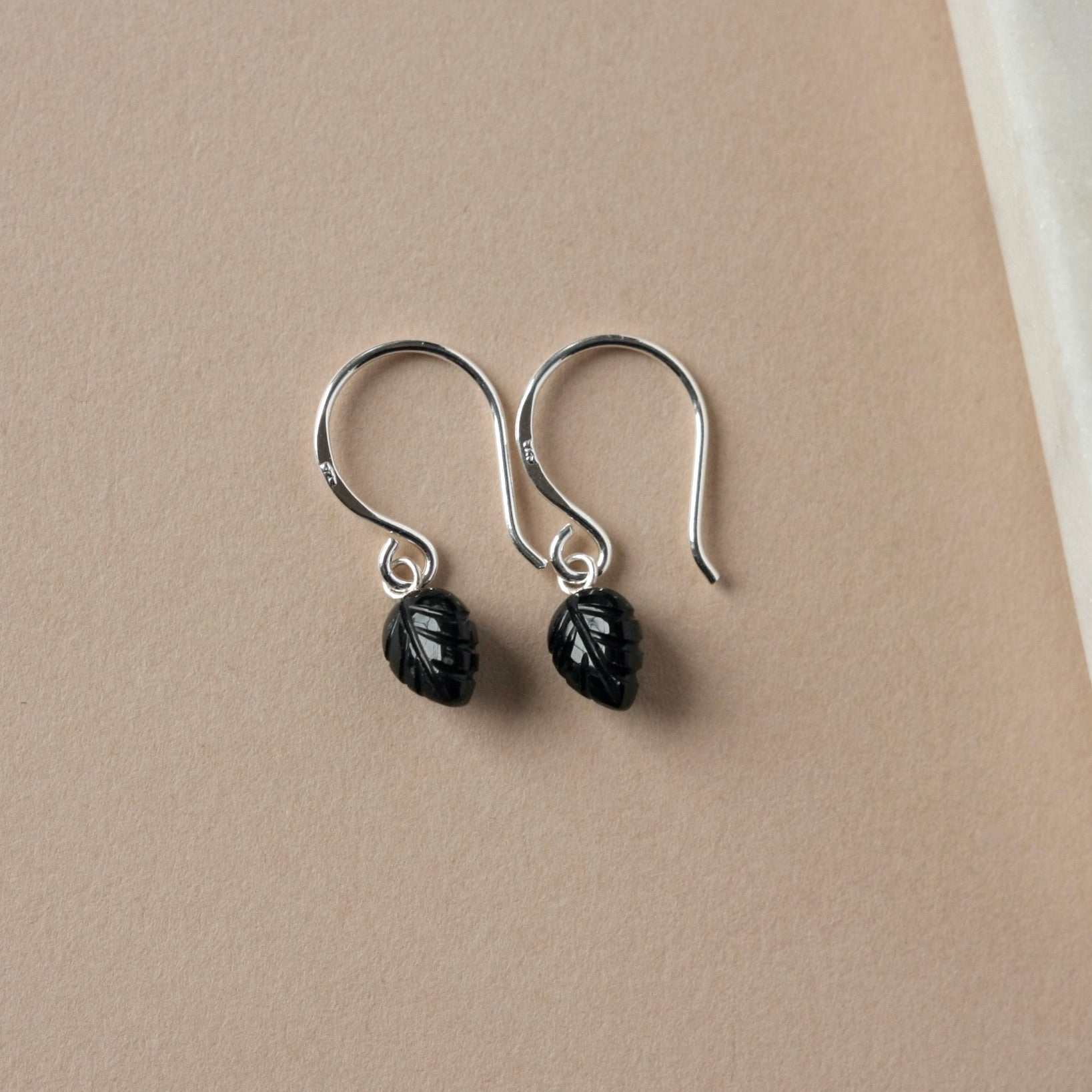 Dainty Black Onyx Leaf Dangle Earrings