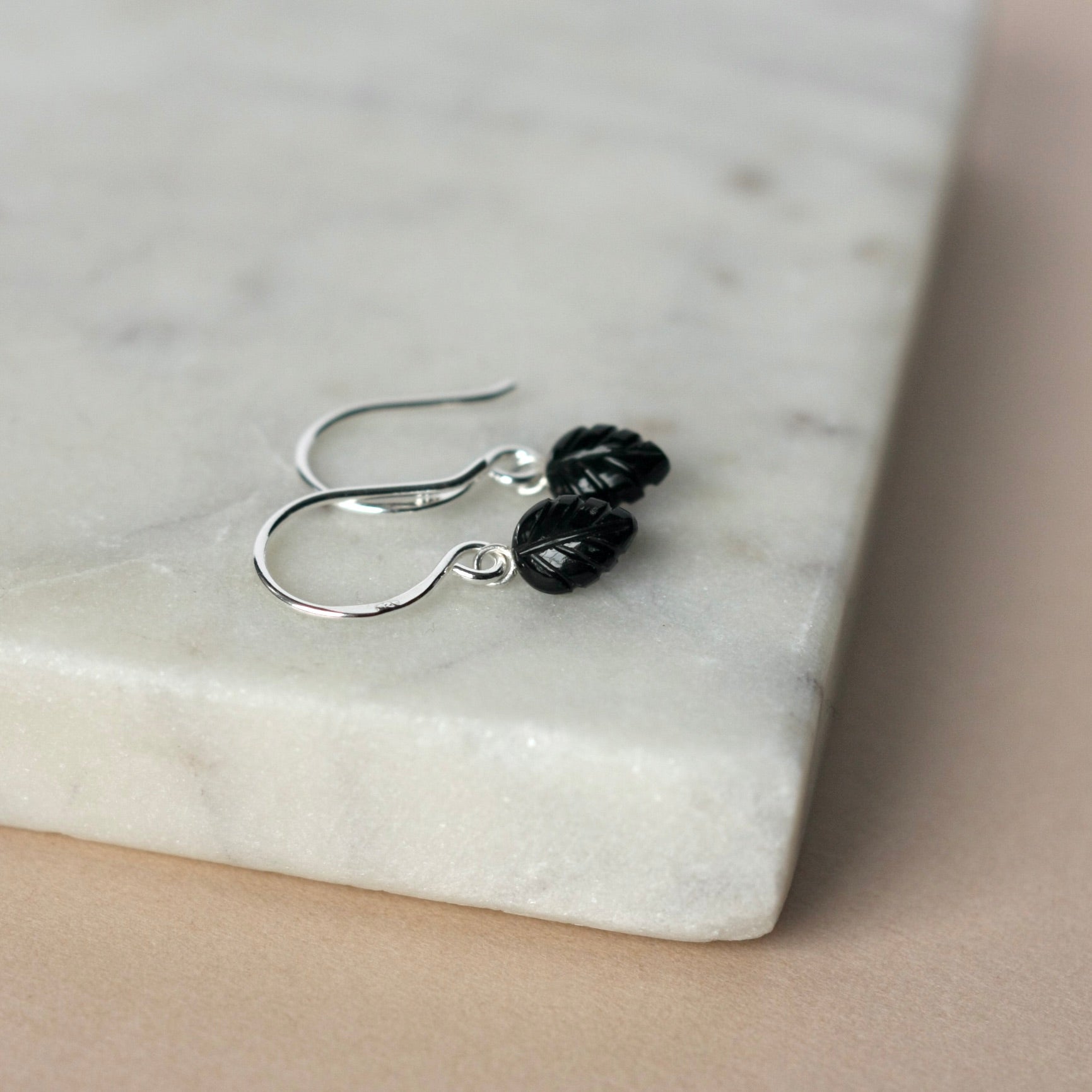 Dainty Black Onyx Leaf Dangle Earrings