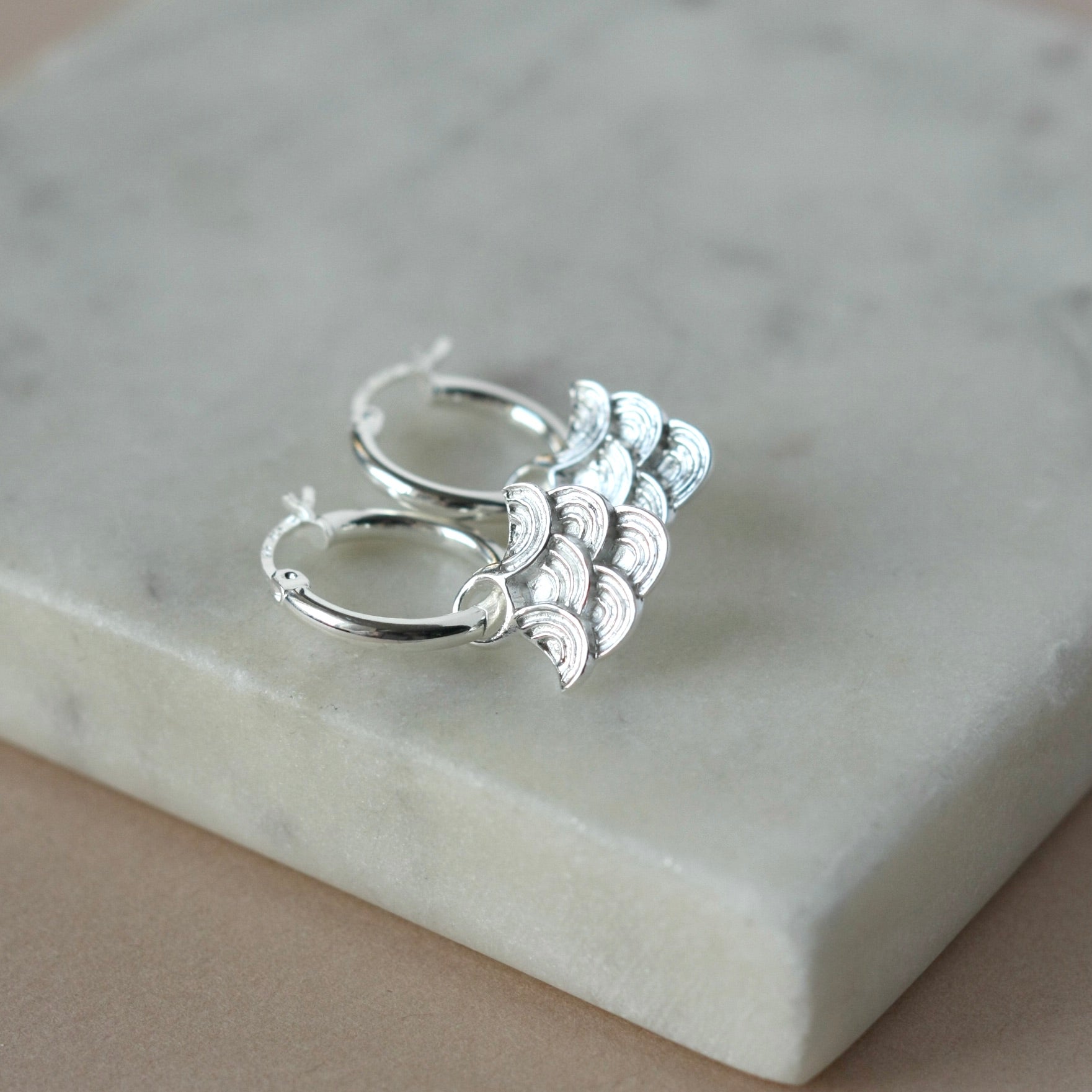 Sterling Silver Small Art Deco Hoop Earrings