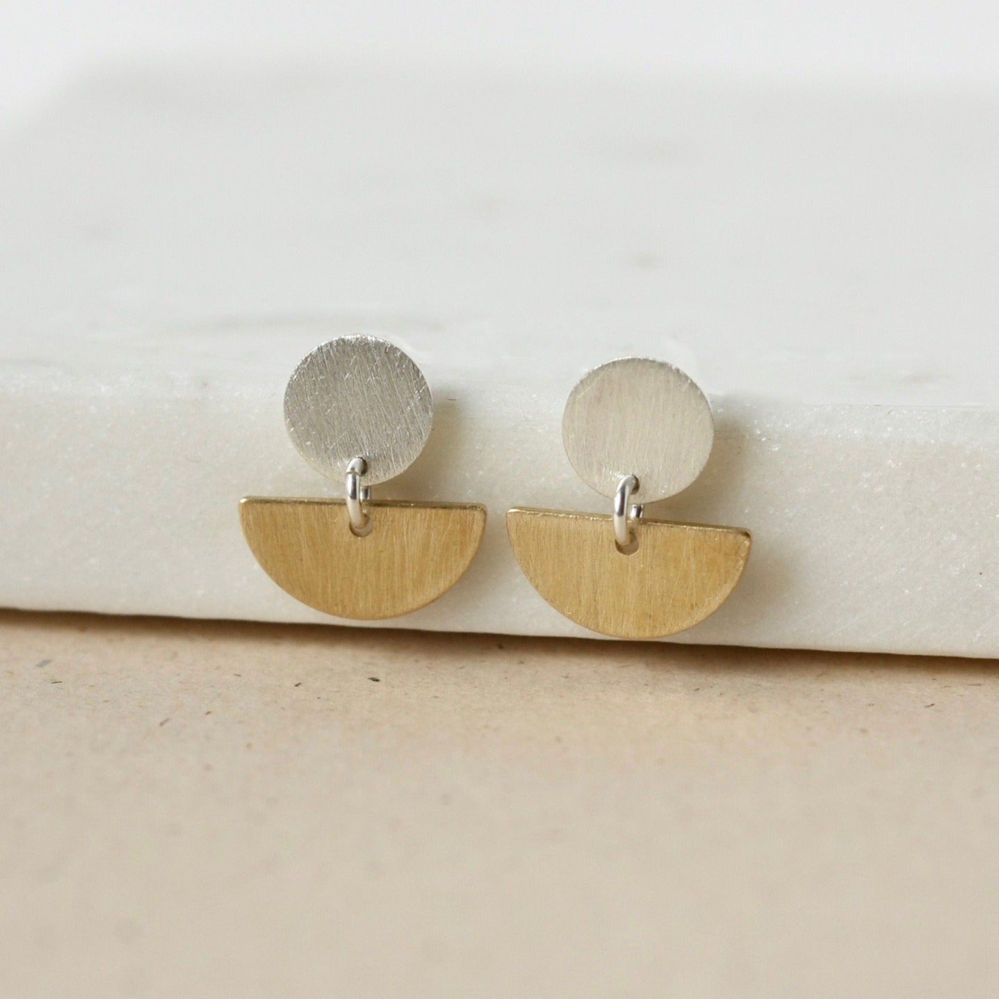 Mixed Metal Geometric Half Moon Stud Earrings