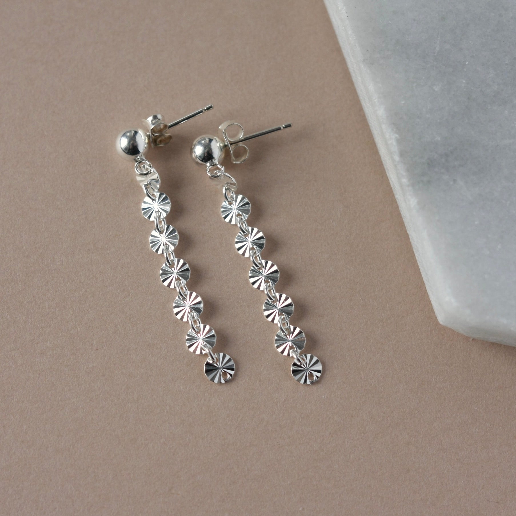 Long Shiny Sterling Silver Sequin Chain Earrings