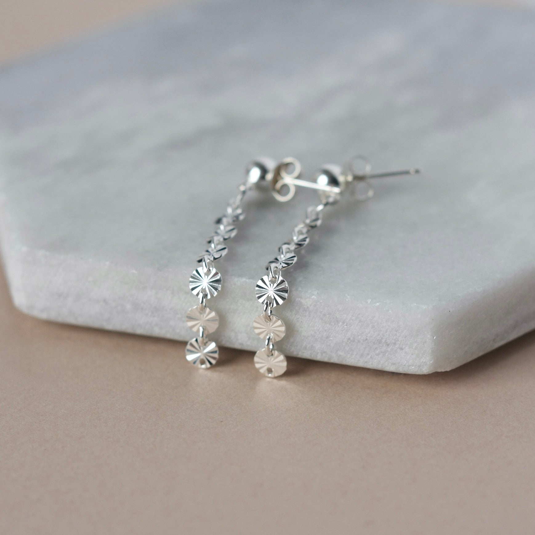 Long Shiny Sterling Silver Sequin Chain Earrings