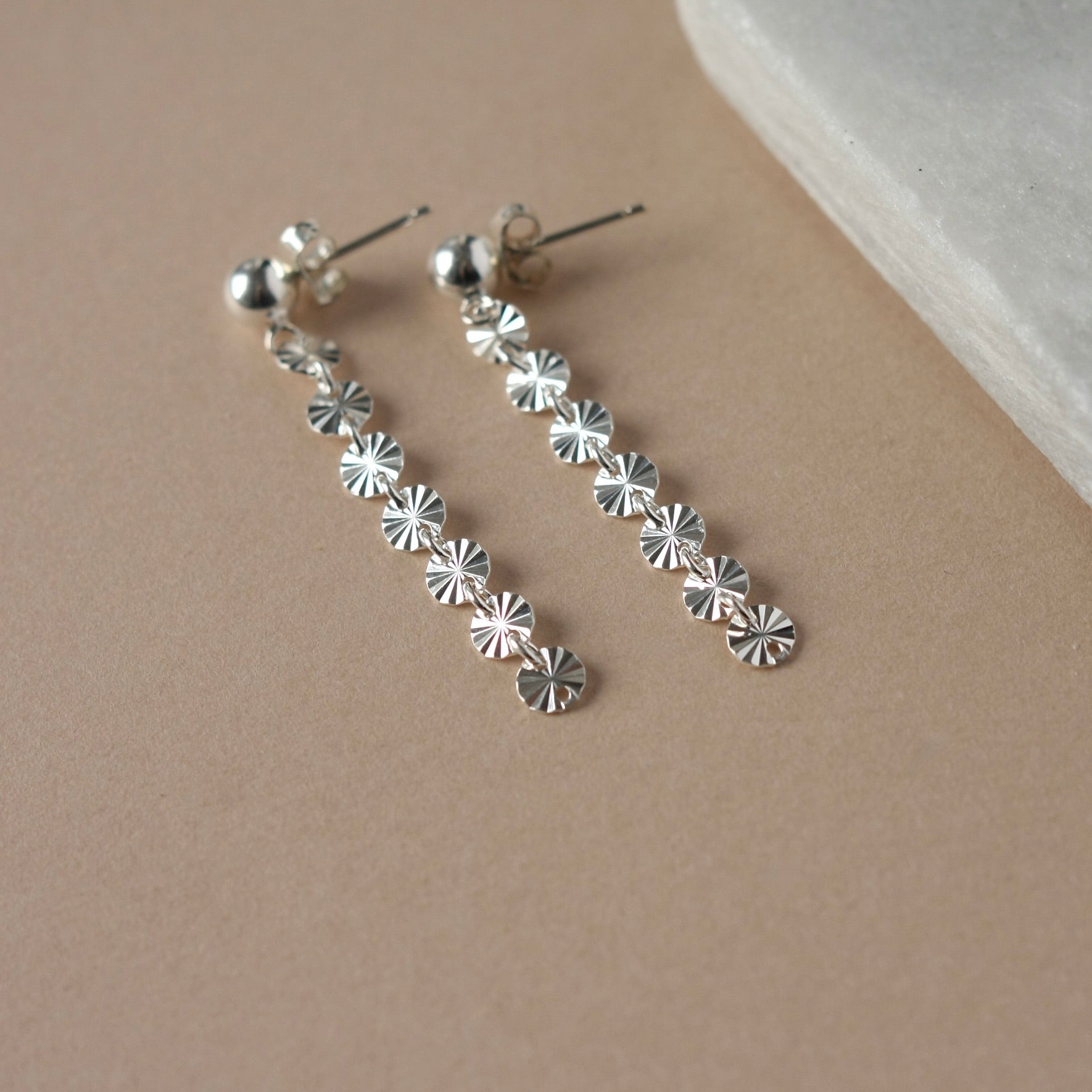 Long Shiny Sterling Silver Sequin Chain Earrings