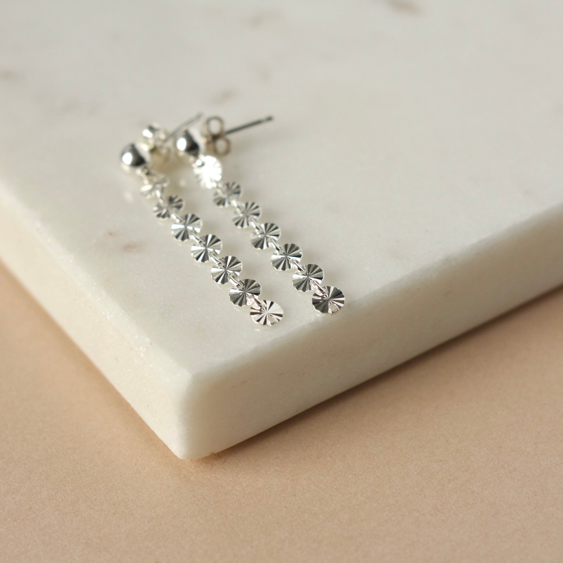 Long Shiny Sterling Silver Sequin Chain Earrings