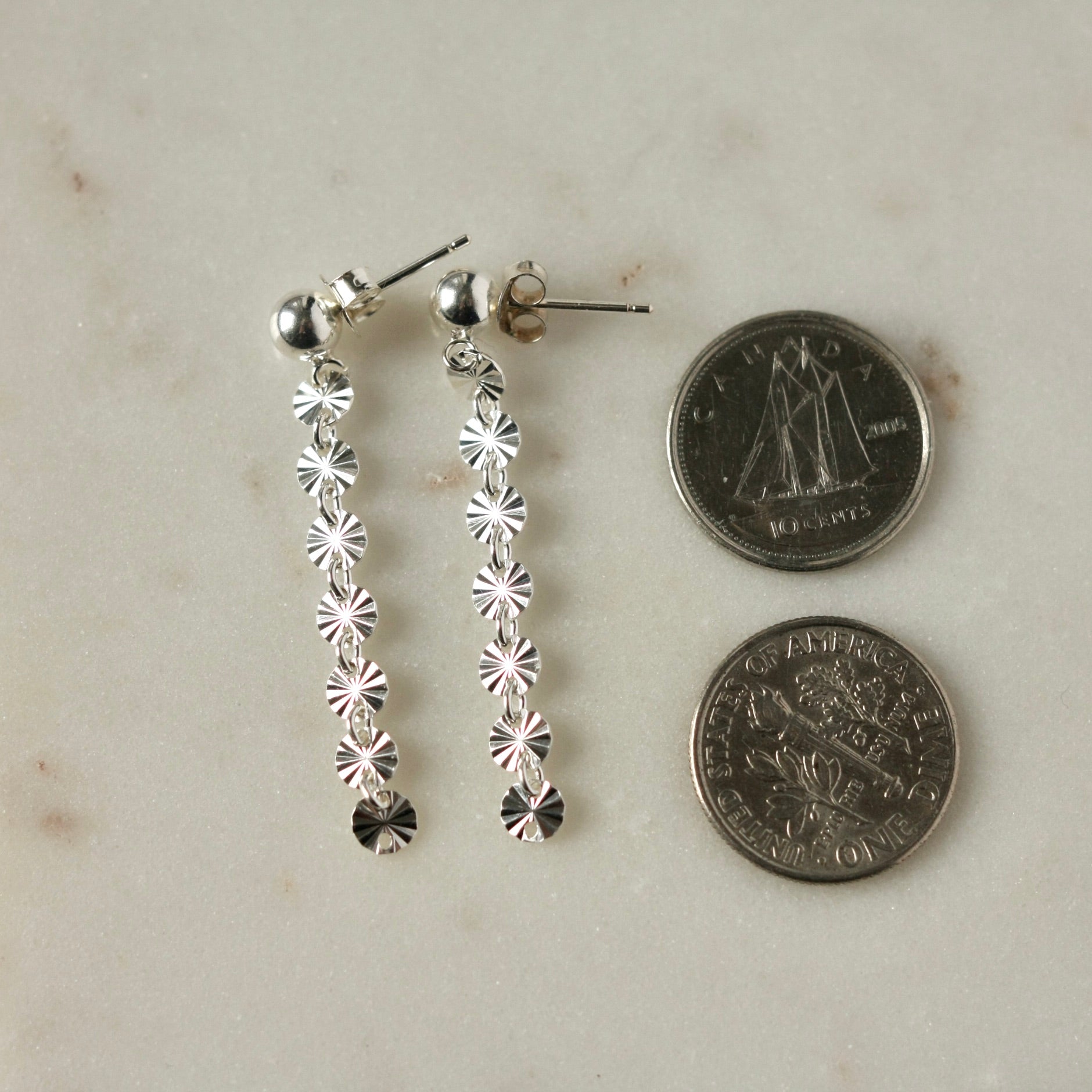 Long Shiny Sterling Silver Sequin Chain Earrings