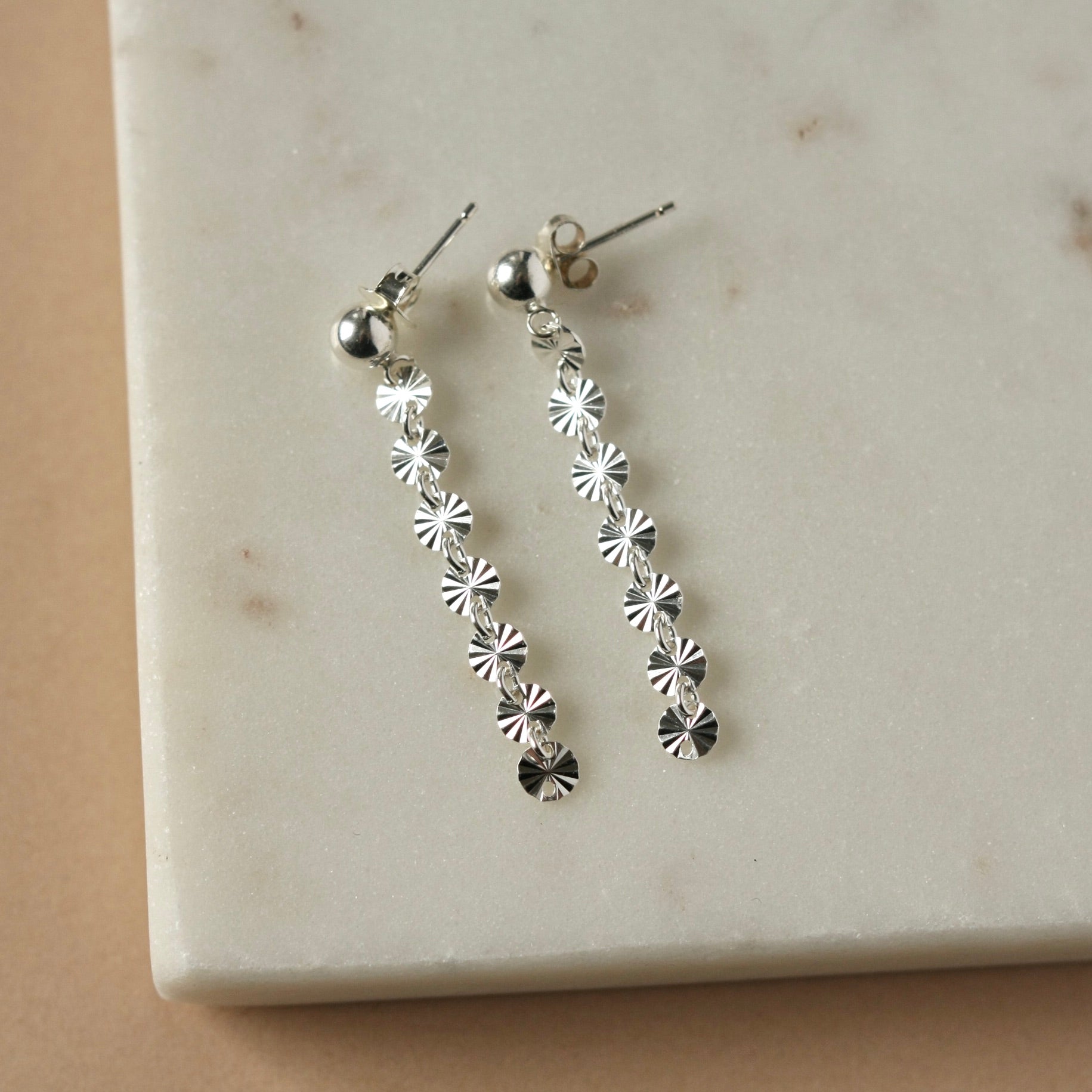 Long Shiny Sterling Silver Sequin Chain Earrings