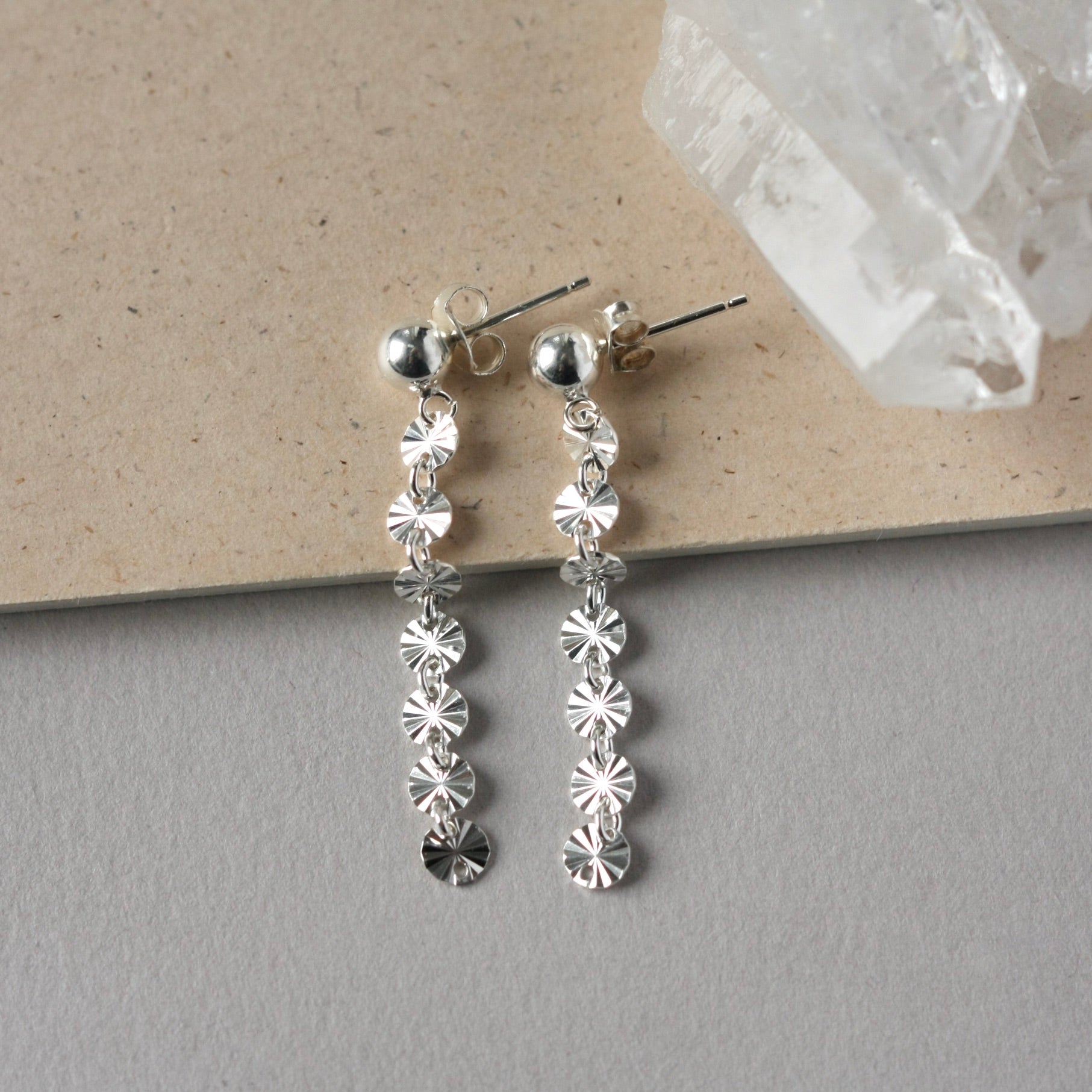 Long Shiny Sterling Silver Sequin Chain Earrings