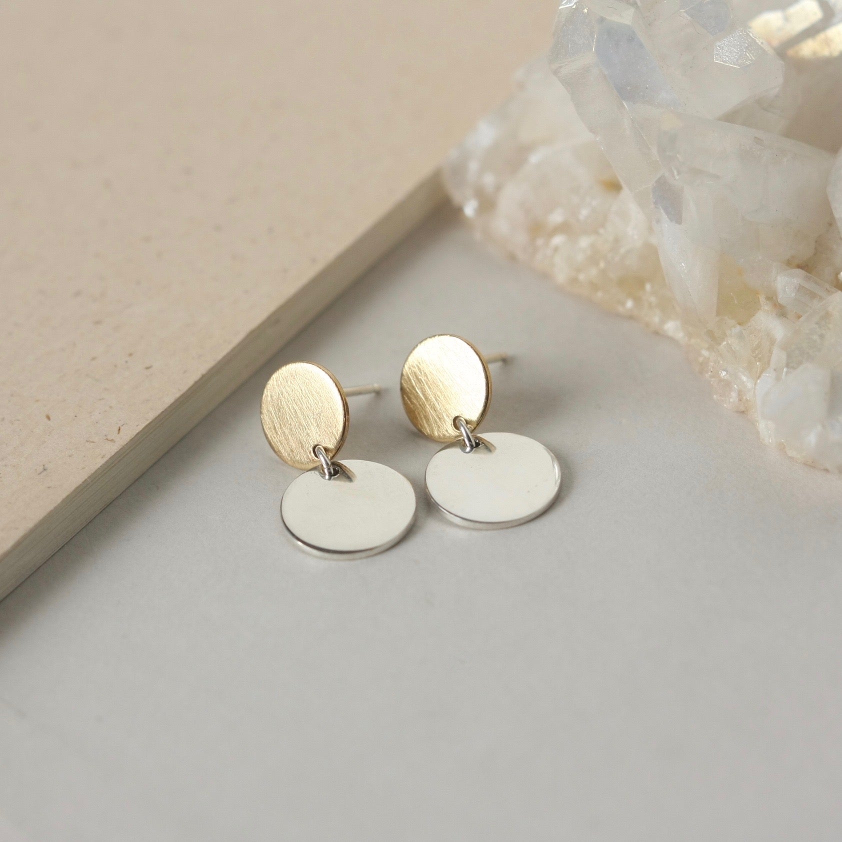 Mixed Metal Sterling Silver and Brass Circle Stud Earrings