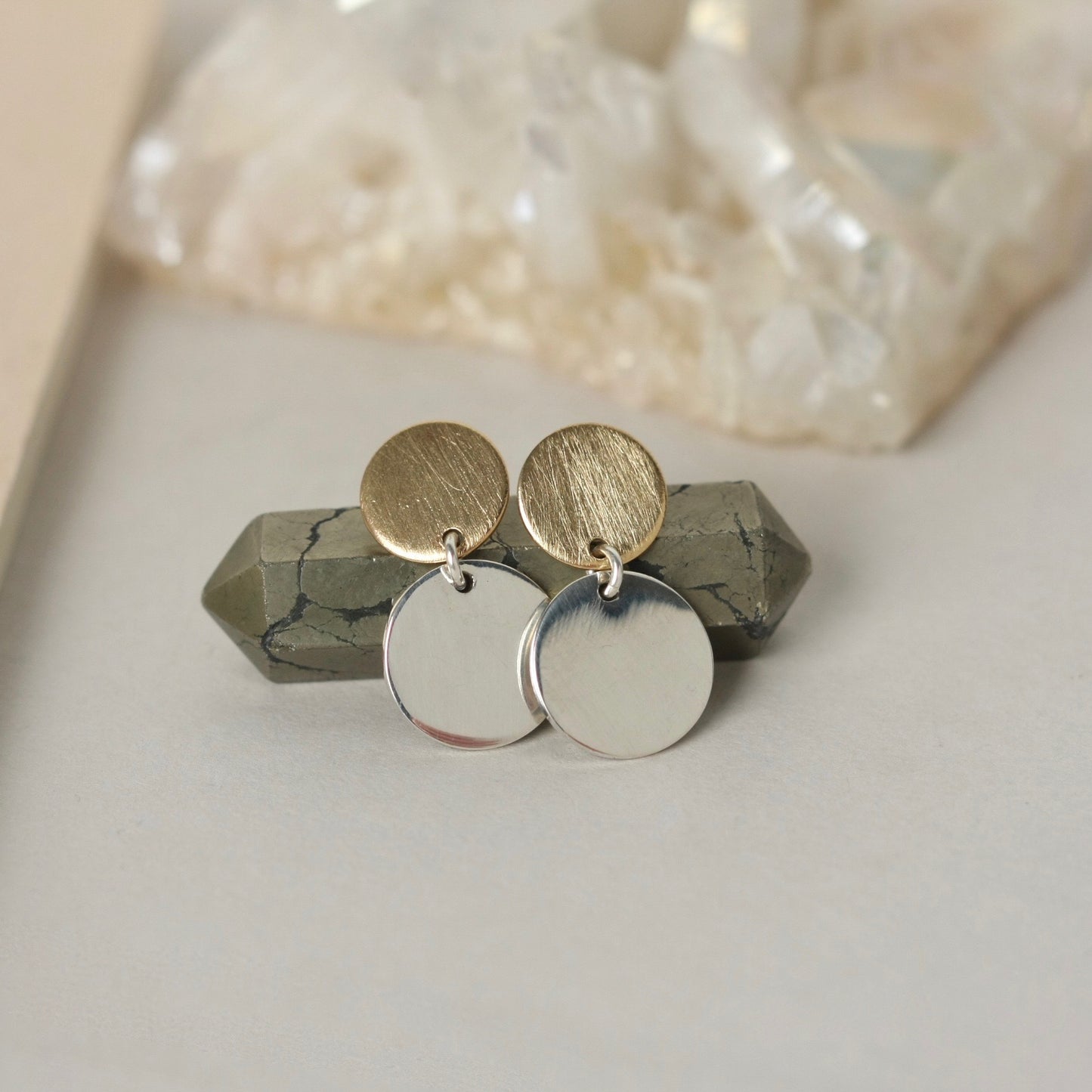 Mixed Metal Sterling Silver and Brass Circle Stud Earrings