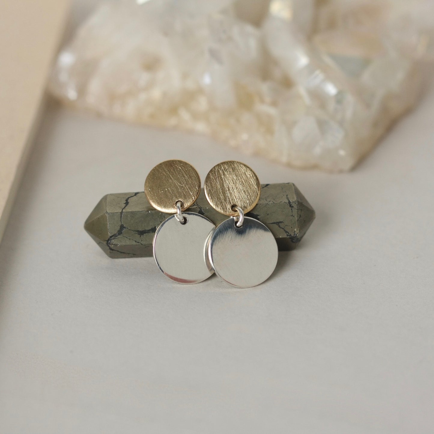 Mixed Metal Sterling Silver and Brass Circle Stud Earrings