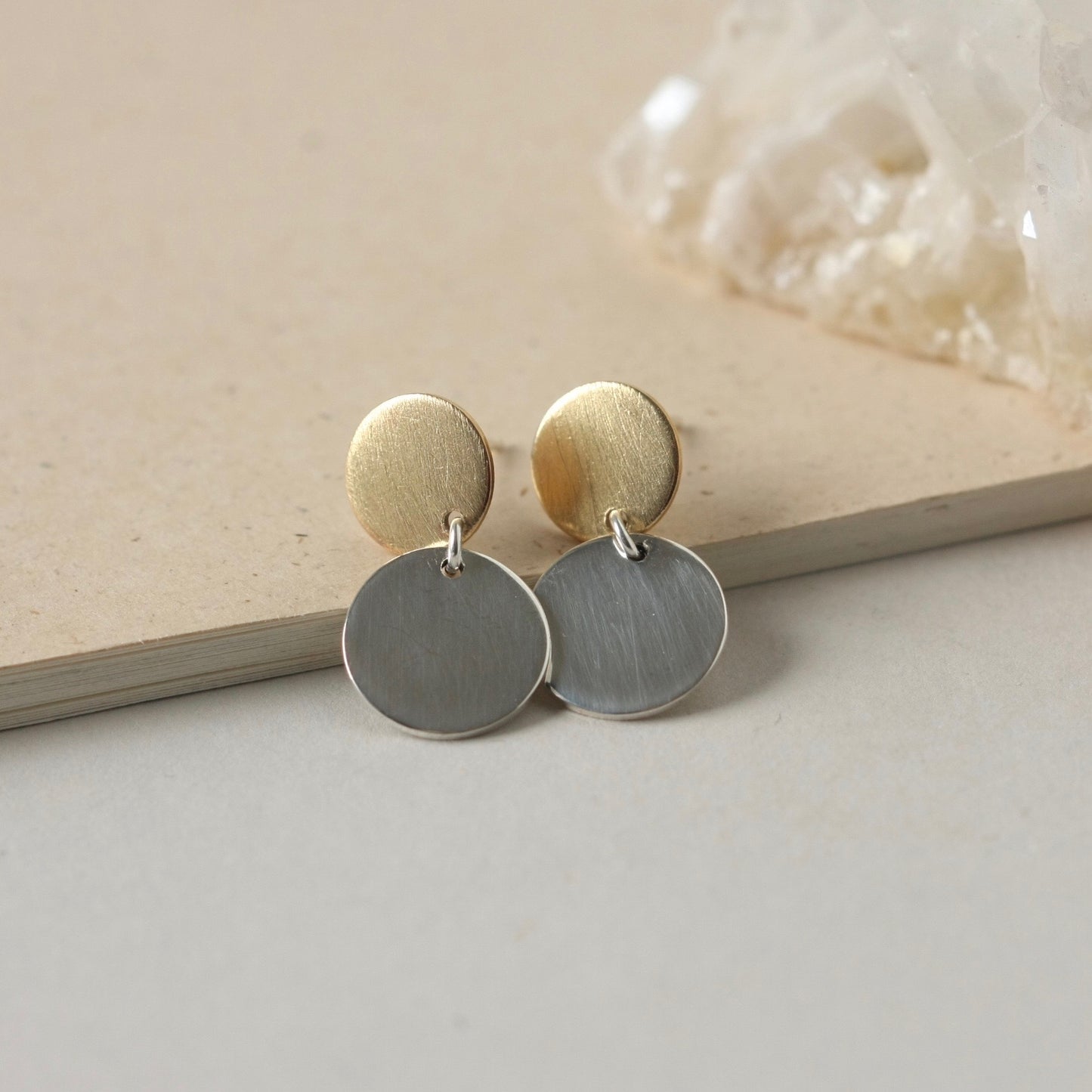 Mixed Metal Sterling Silver and Brass Circle Stud Earrings