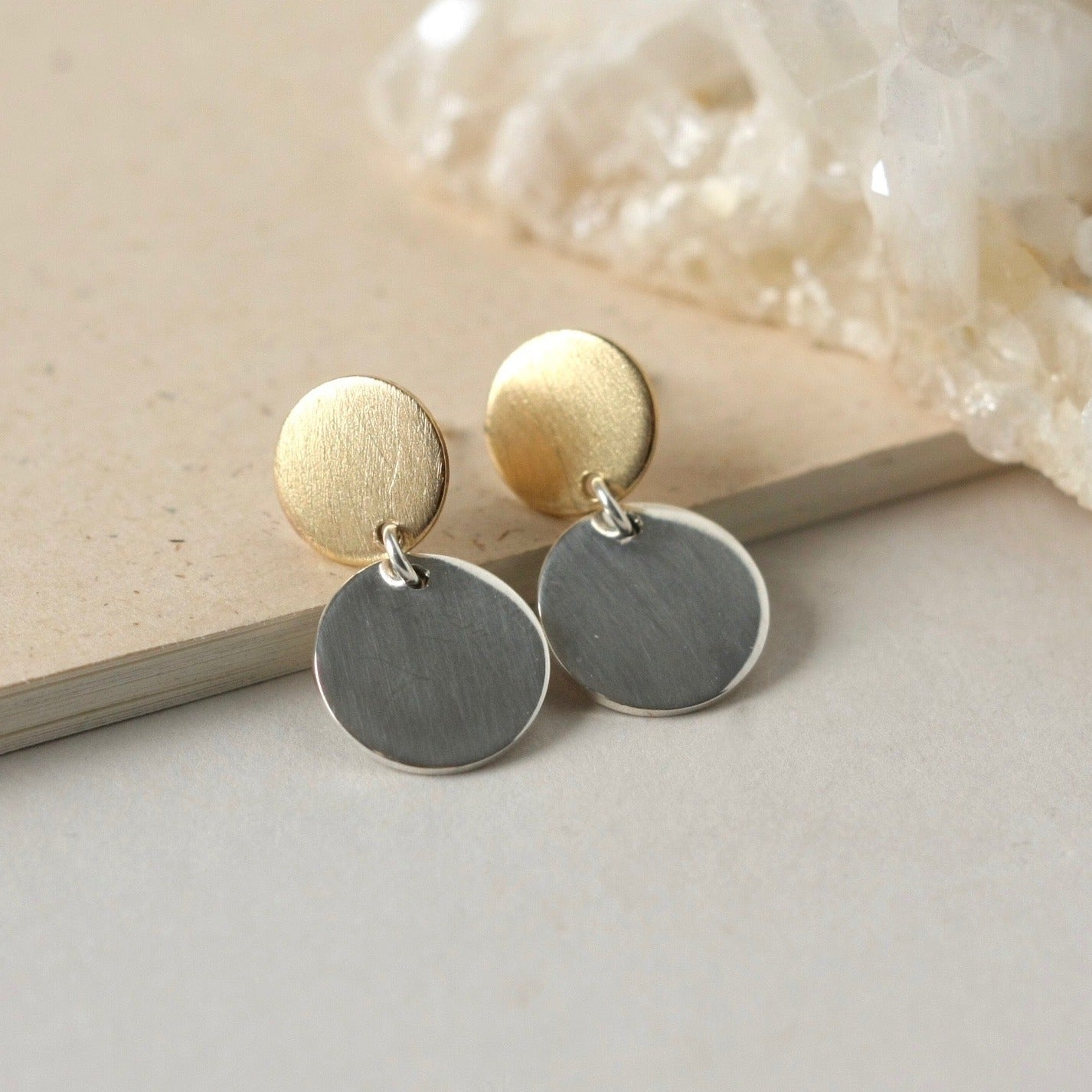 Mixed Metal Sterling Silver and Brass Circle Stud Earrings