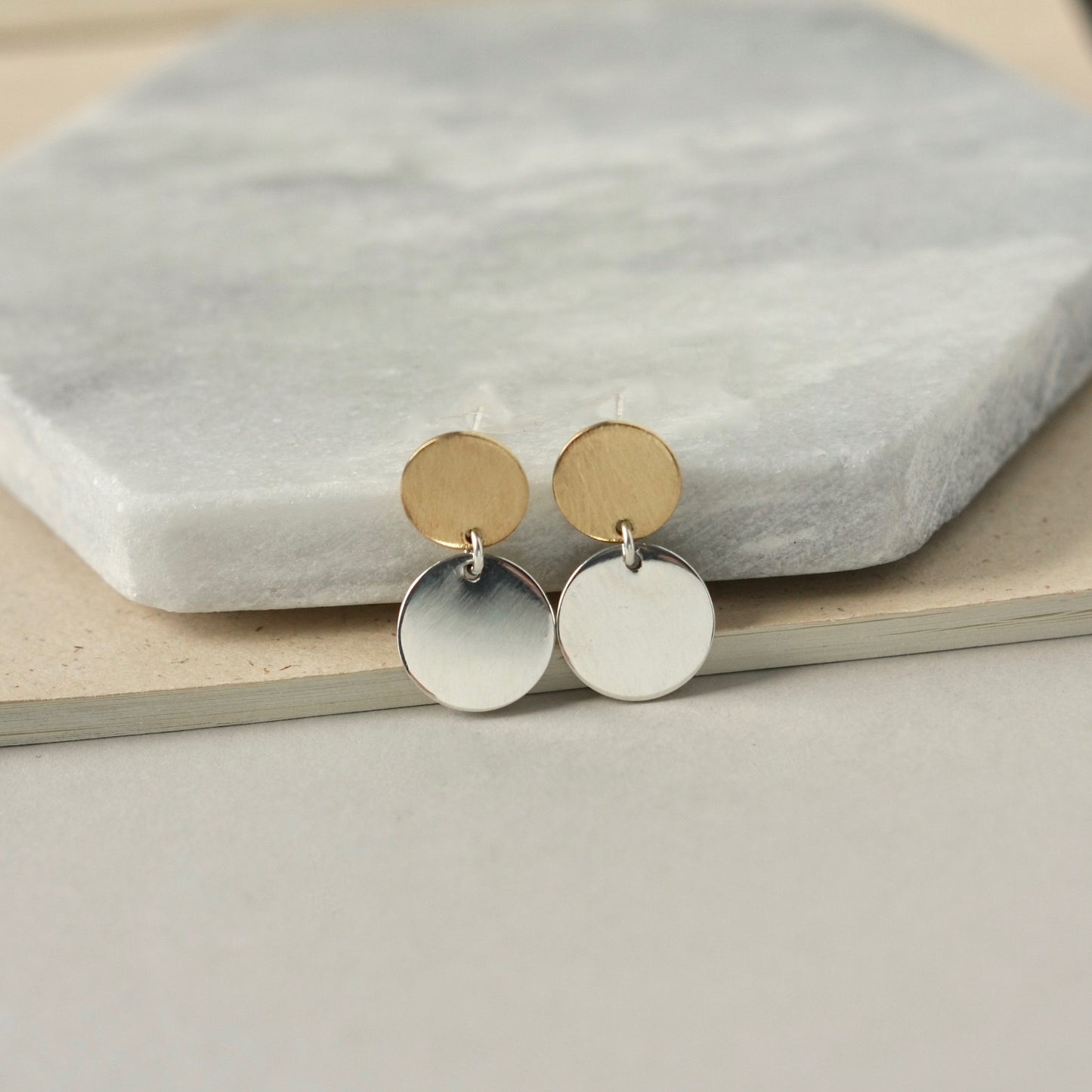 Mixed Metal Sterling Silver and Brass Circle Stud Earrings