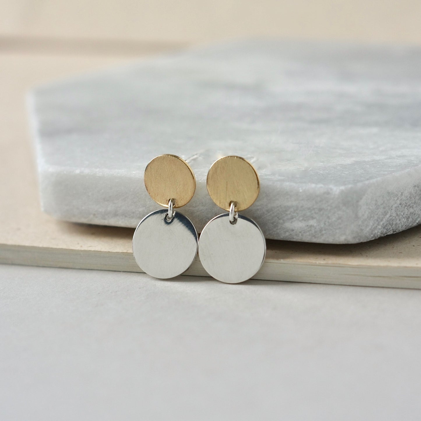 Mixed Metal Sterling Silver and Brass Circle Stud Earrings
