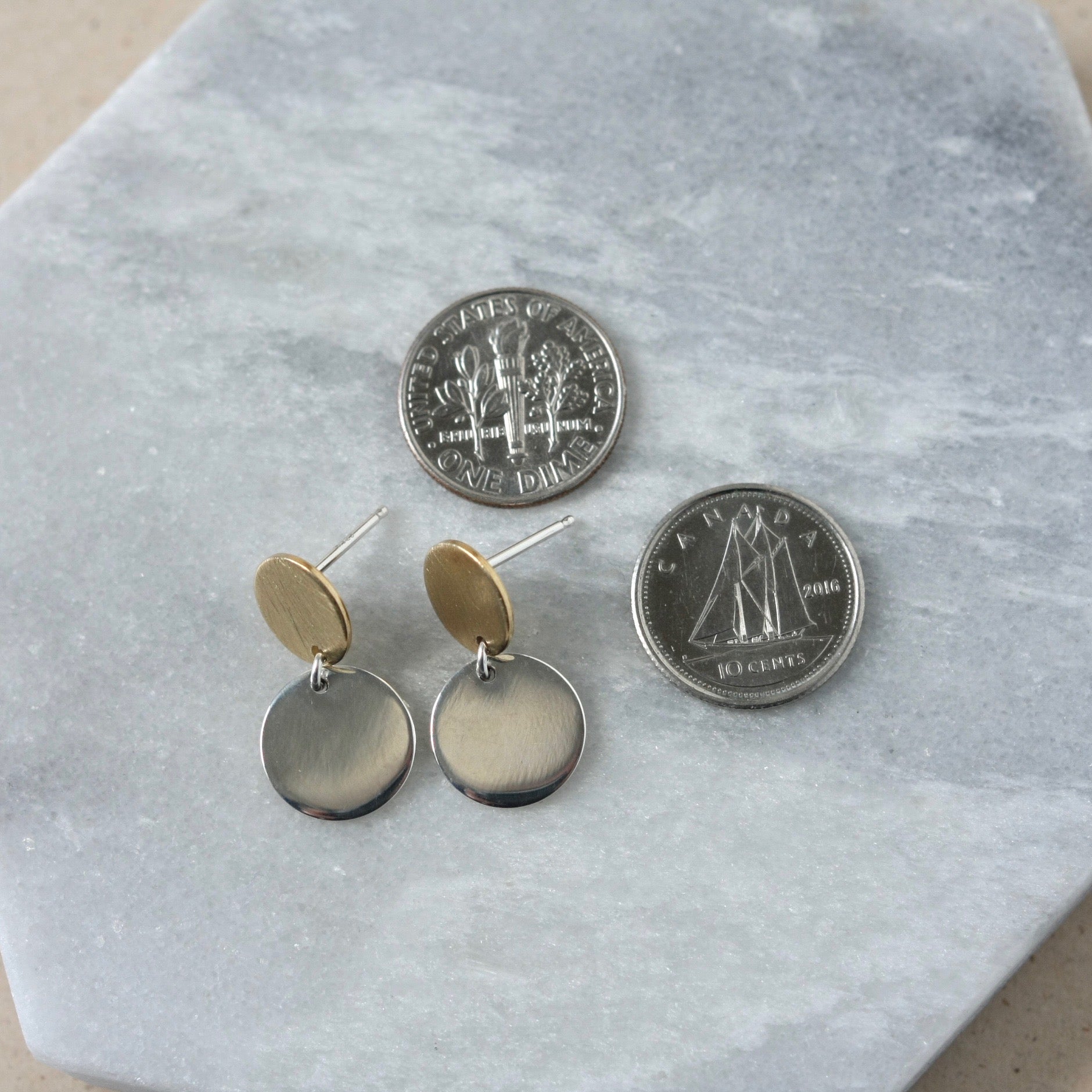 Mixed Metal Sterling Silver and Brass Circle Stud Earrings