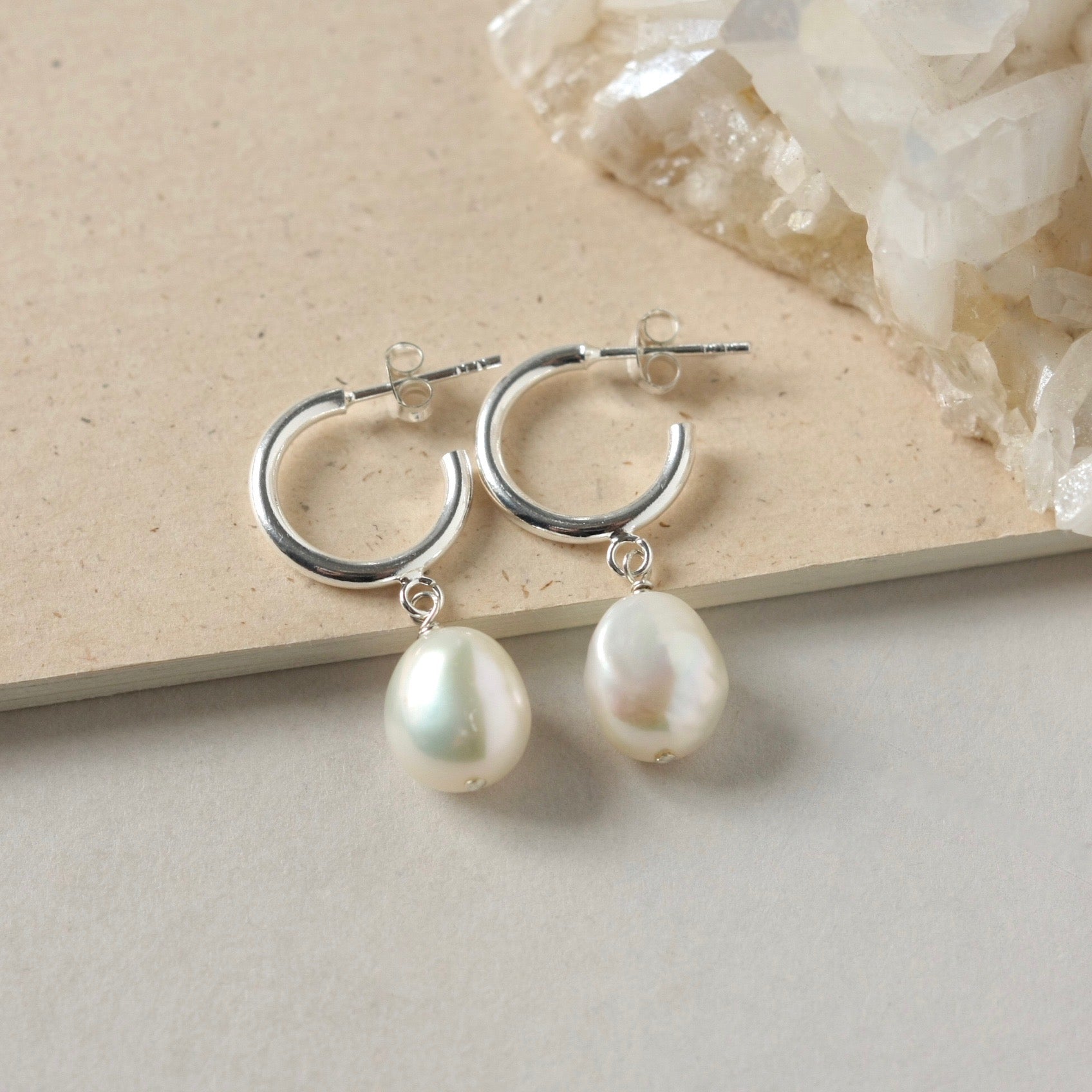 Sterling Silver and Baroque Pearl Hoop Earrings