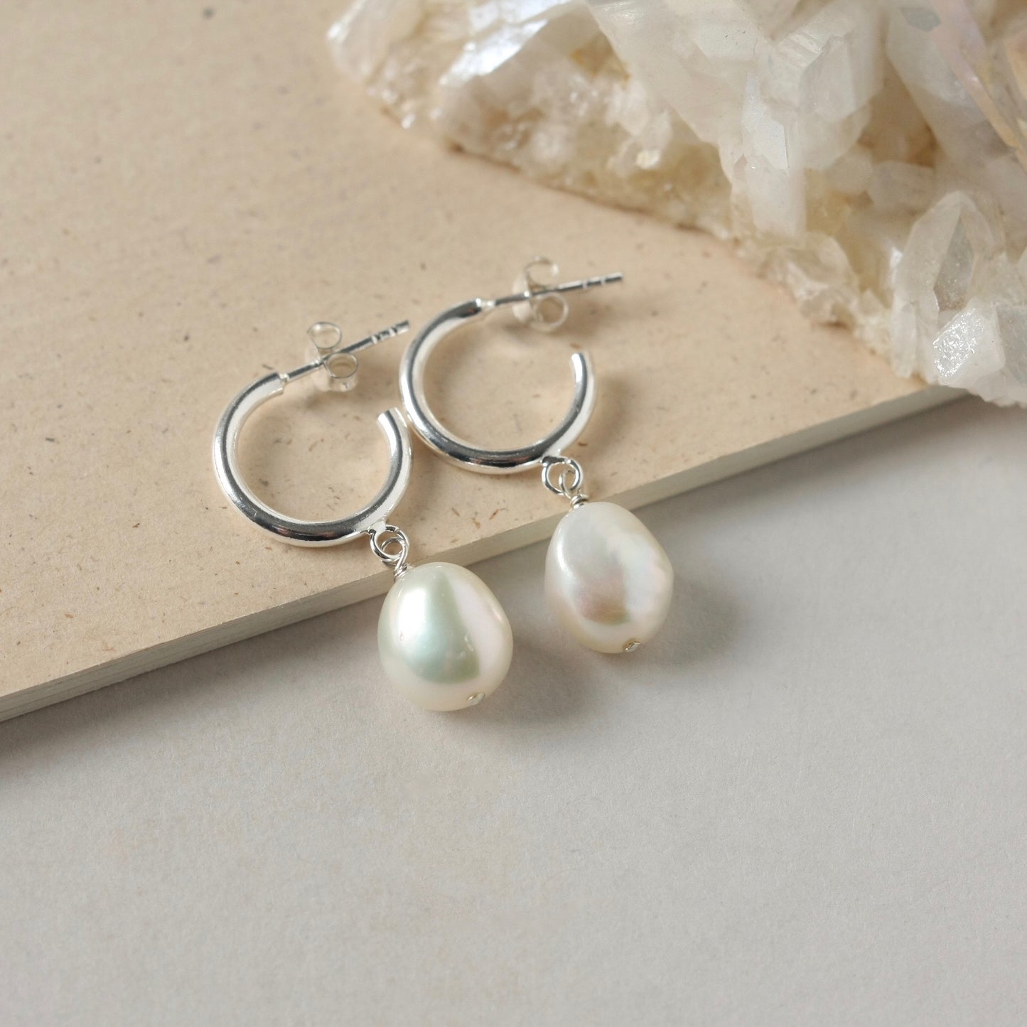 Sterling Silver and Baroque Pearl Hoop Earrings