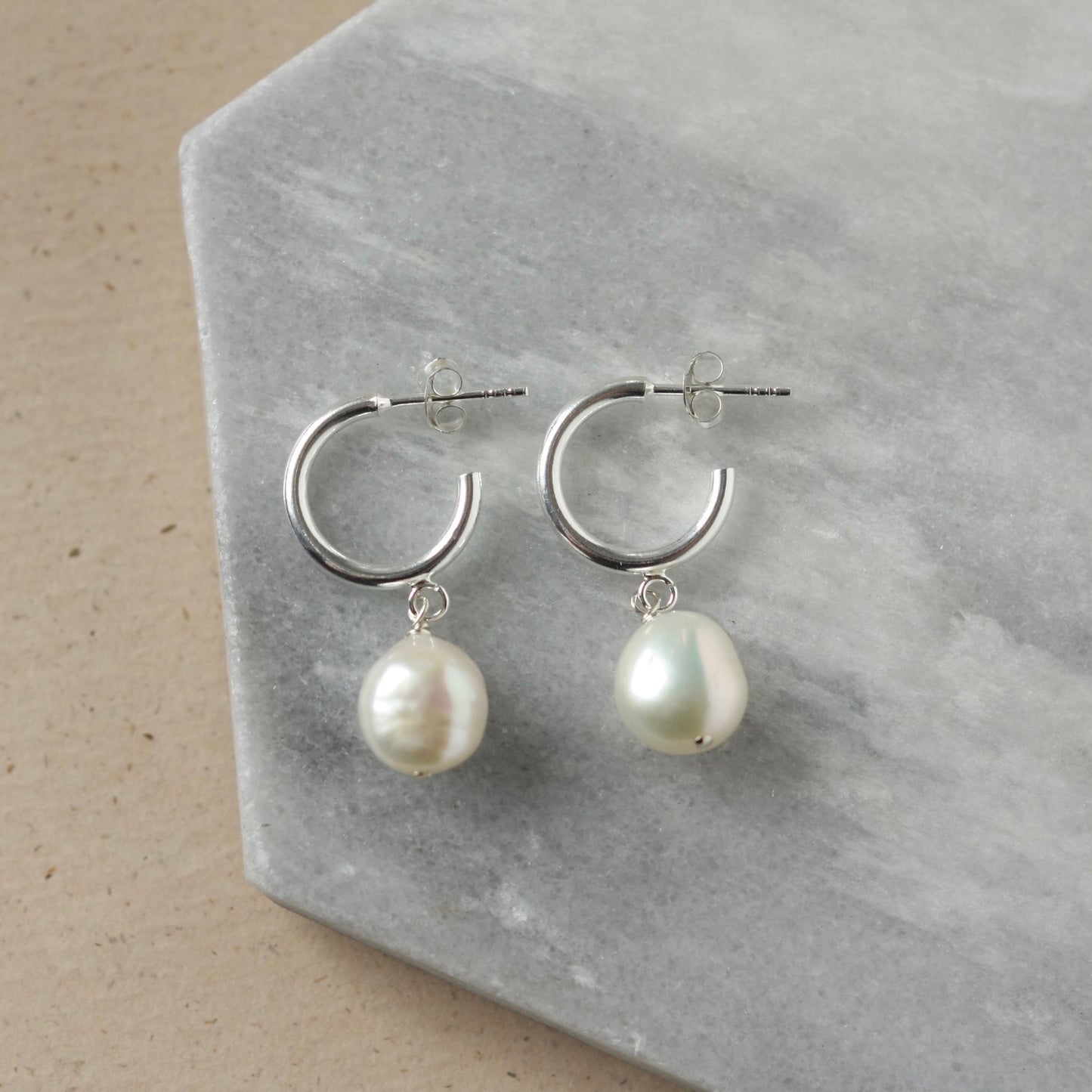 Sterling Silver and Baroque Pearl Hoop Earrings