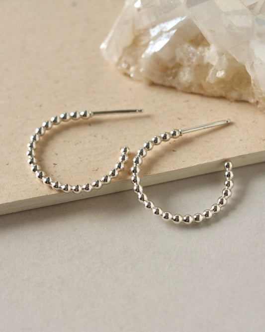 Medium Size Sterling Silver Beaded Hoop Earrings
